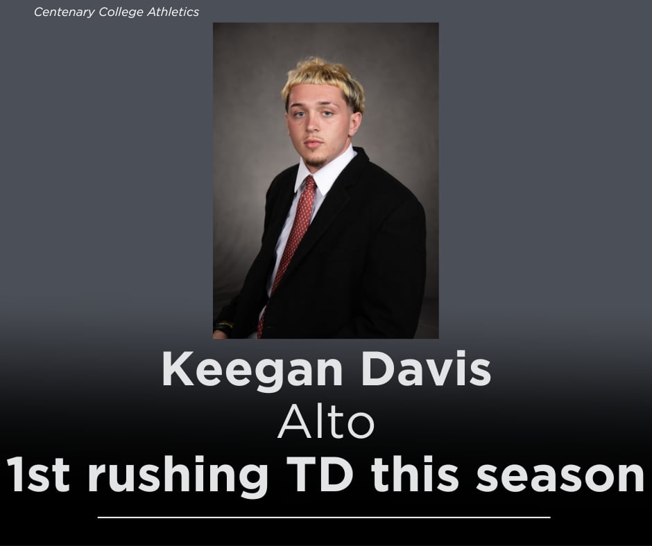 Centenary College’s Keegan Davis Records First Rushing Touchdown in Weekend Football Game