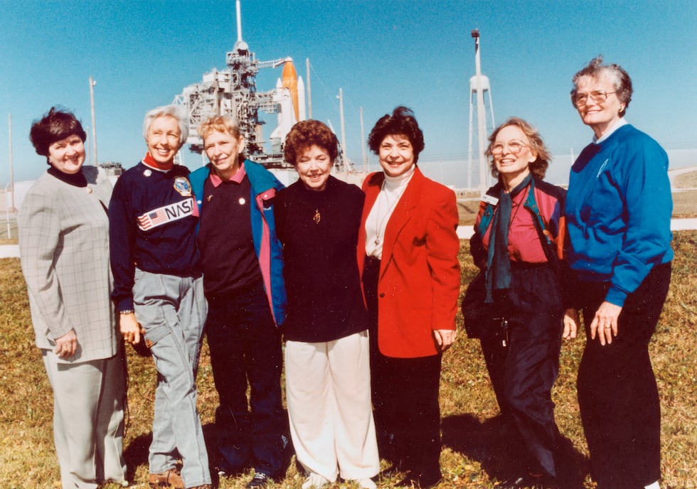 FILE - In this 1995 file photo, members of the FLATs, also known as the Mercury 13, gather for...