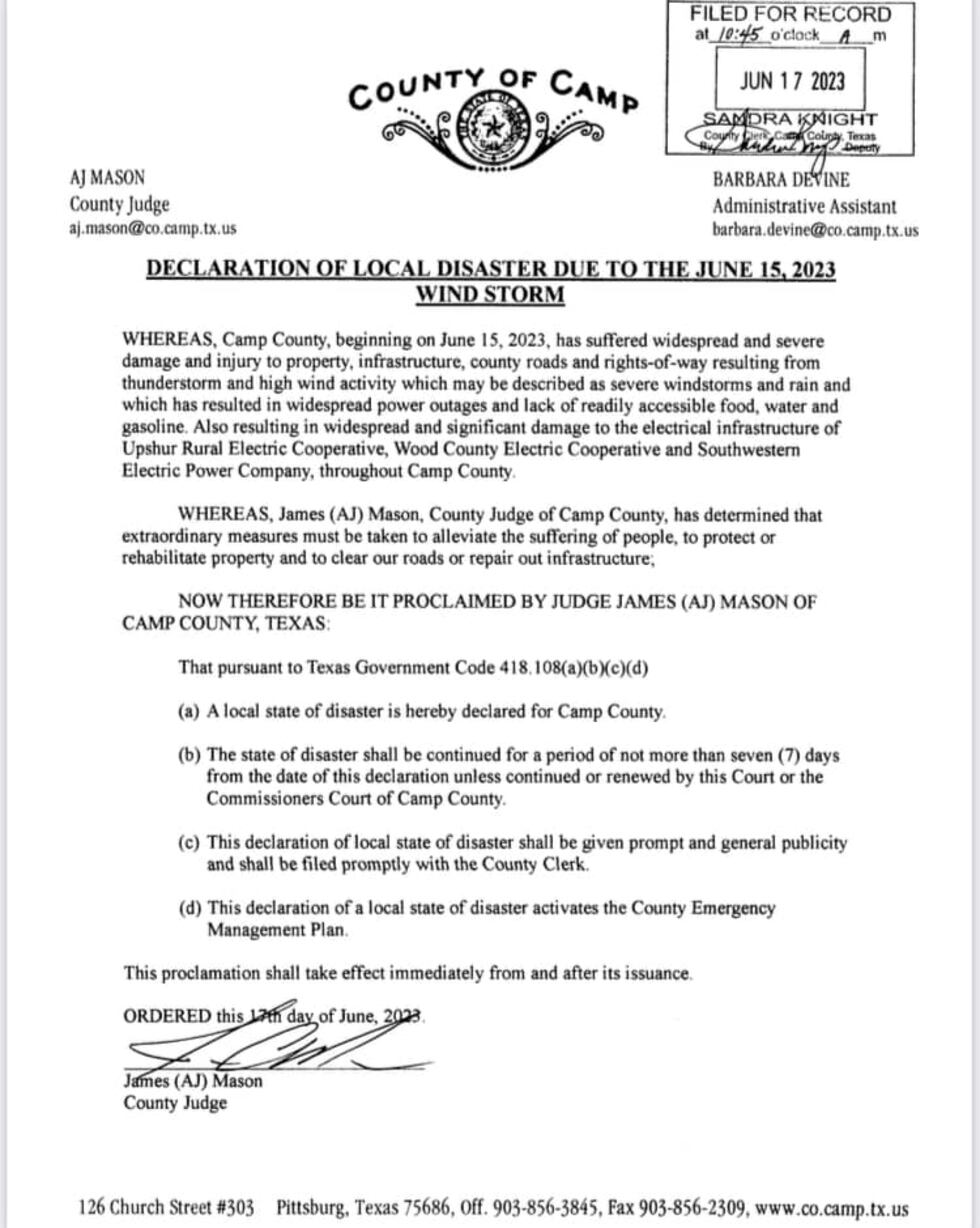 Camp County Judge declares local state of disaster