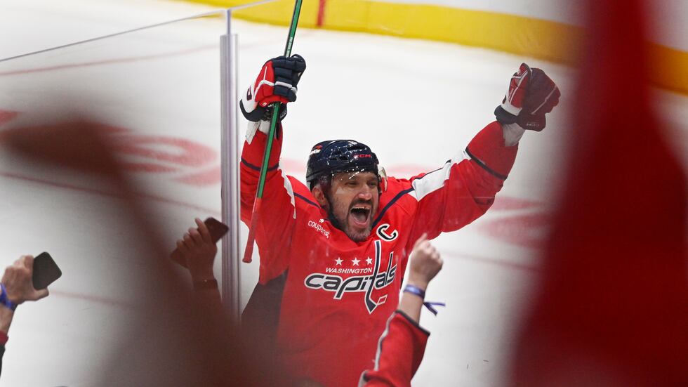 FILE -- Washington Capitals left wing Alex Ovechkin (8) celebrates his 900th NHL career goal.