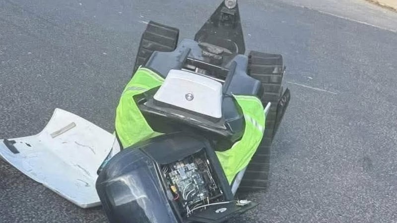 A sidewalk robot was hit and damaged by a vehicle in Tyler.