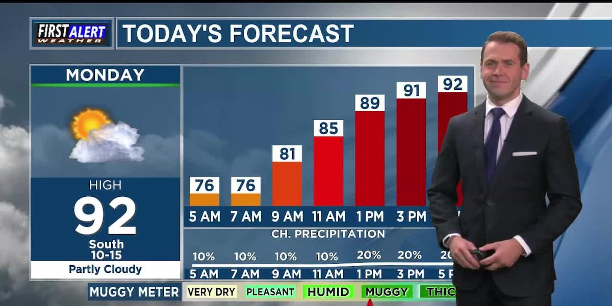 Very warm and muggy with a low-end chance for rain